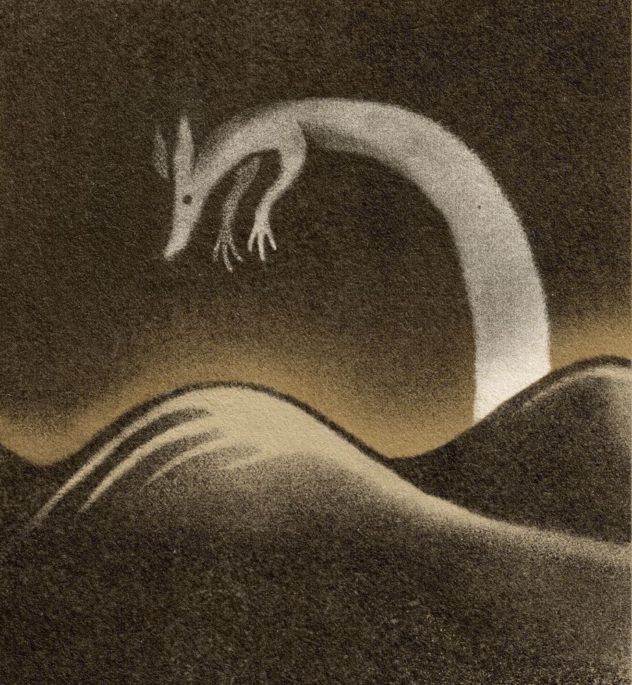 Digital illustration depicting a long, snouted creature rising above several hills. Its pale form contrasts against a dark sky.