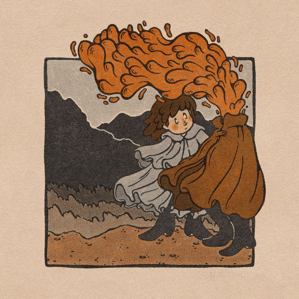 A digital illustration of two figures on a dirt path with dark mountains visible in the background. One of these figures is a caped humanoid whose head is replaced by an orange, liquid-like substance floating away in the wind. The other is a girl who’s standing close to her companion.