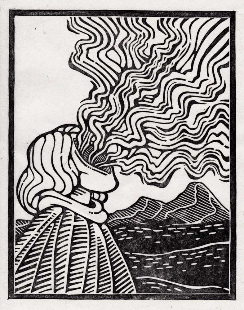 Scanned image of a black and white linoleum block print. A person with shoulder-length hair stands in the foreground. The figure's face lacks any facial features, but instead has a cavernous hole in its place. From this hole a mass of smoke flows out. Mountains and a speckled ground are visible in the background.