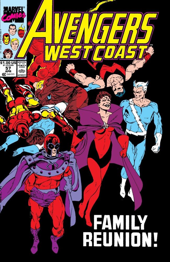Here's the cover art to Avengers West Coast # 57 with an April 1990 cover date.
The cover art is by JOHN BYRNE.
Family Reunion.
Creative Team: John Byrne, Paul Ryan, Bob Sharen, Bill Oakley and Howard Mackie.