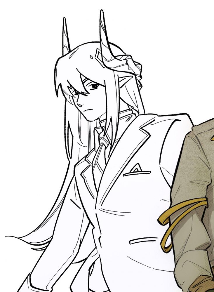 Digital sketch of Mudrock from Arknights in a suit from the waist up.