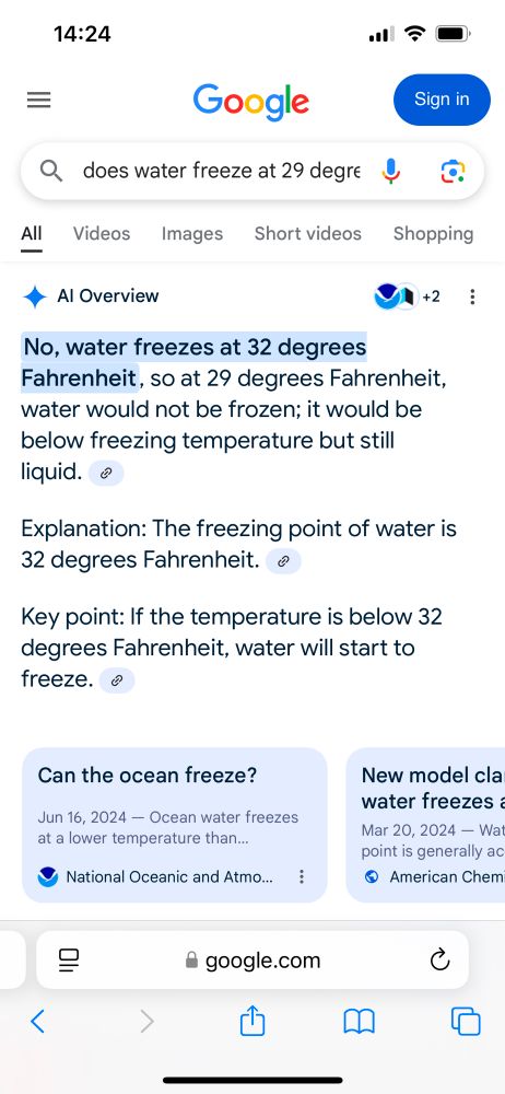 A screenshot of a web browser with a search on google for “does water freeze at 29 degrees f.” Google said that it did not.
