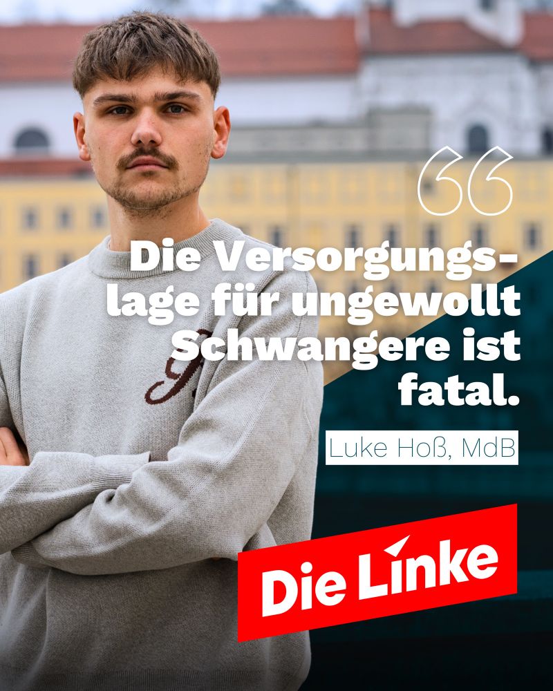Auf dem Bild bin ich mit verschränkten Armen abgebildet. Darauf ein Zitat: Die Versorgungslage für ungewollt Schwangere ist fatal. 
Unten rechts das Logo der Partei Die Linke.