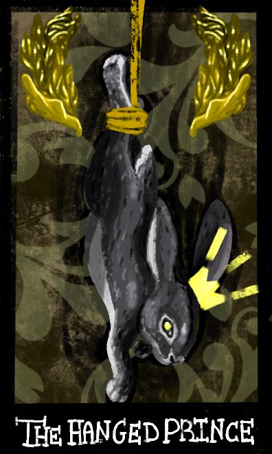 A rabbit hanging upside down with filligree in the background and a crown on their head. It is labeled the Hanged Prince and styled after the Hanged Man Tarot card