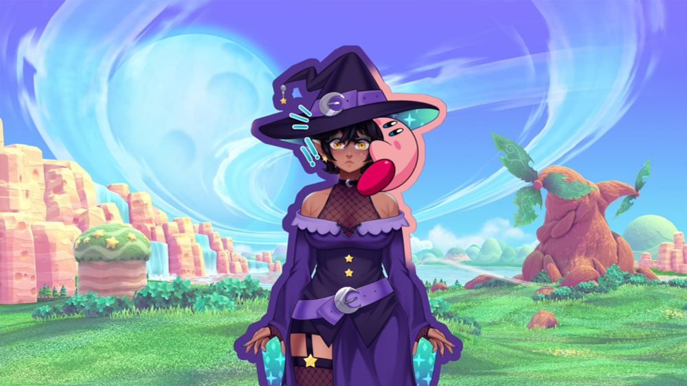 An image of Tria CosmicGarden is shocked by kriby, who is trying to nom her face, with a purple and pink outline. 