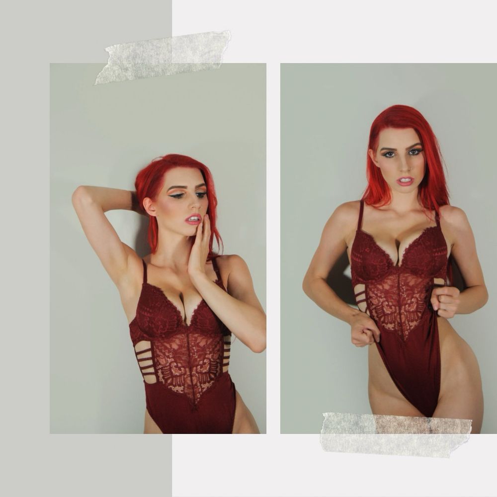 Red hair woman in red lingerie made in Canva 