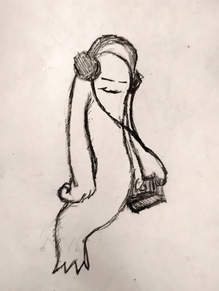 A drawing of a ghost listening to a walkman and smiling.