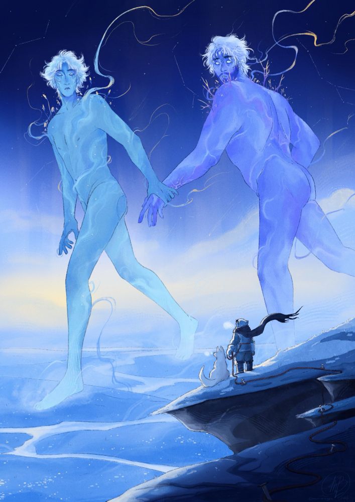 Jayce and Viktor pictured as cosmic Giants, walking holding hands in a snowy field.  Tiny kid Jayce is looking at this with his dog in the foreground