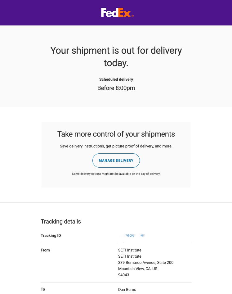 screenshot of a FedEx deliver notice saying package is from the SETI Institute.