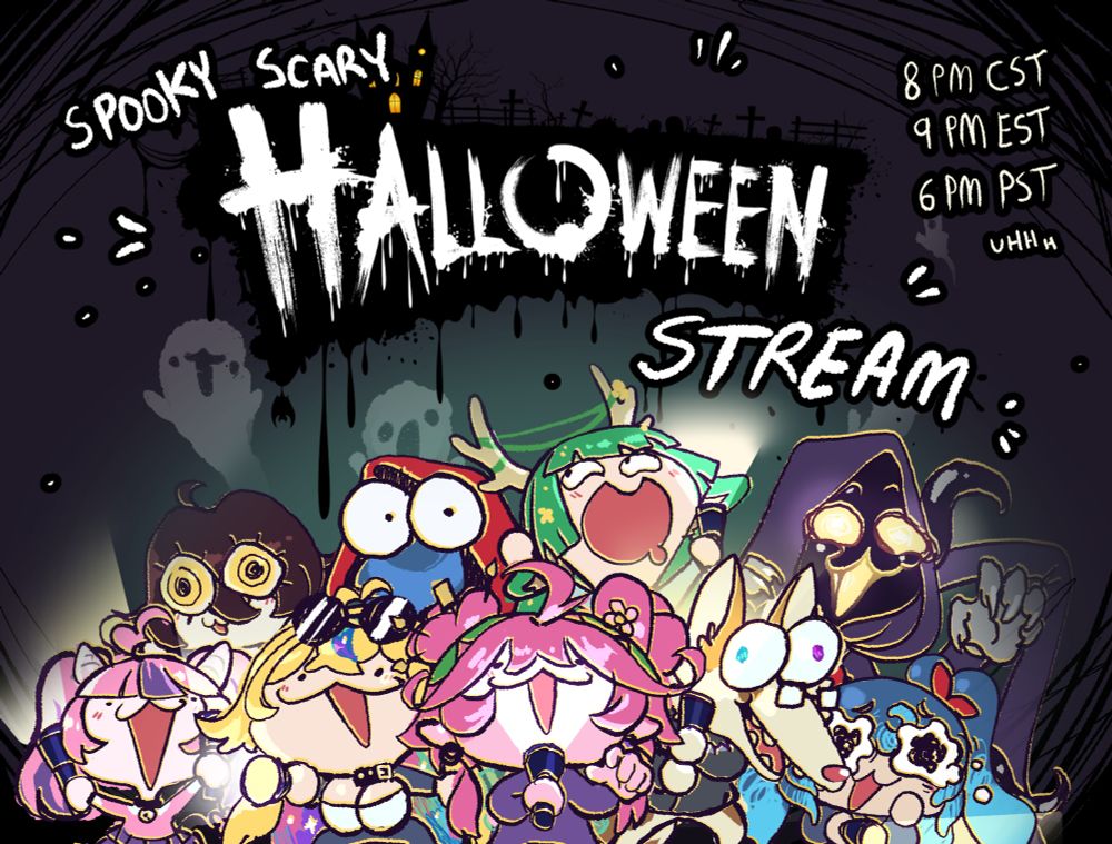 art by Froggyloch!! it's announcing a "spooky scary halloween stream" tonight at 8pm CST / 9pm EST / 6pm PST