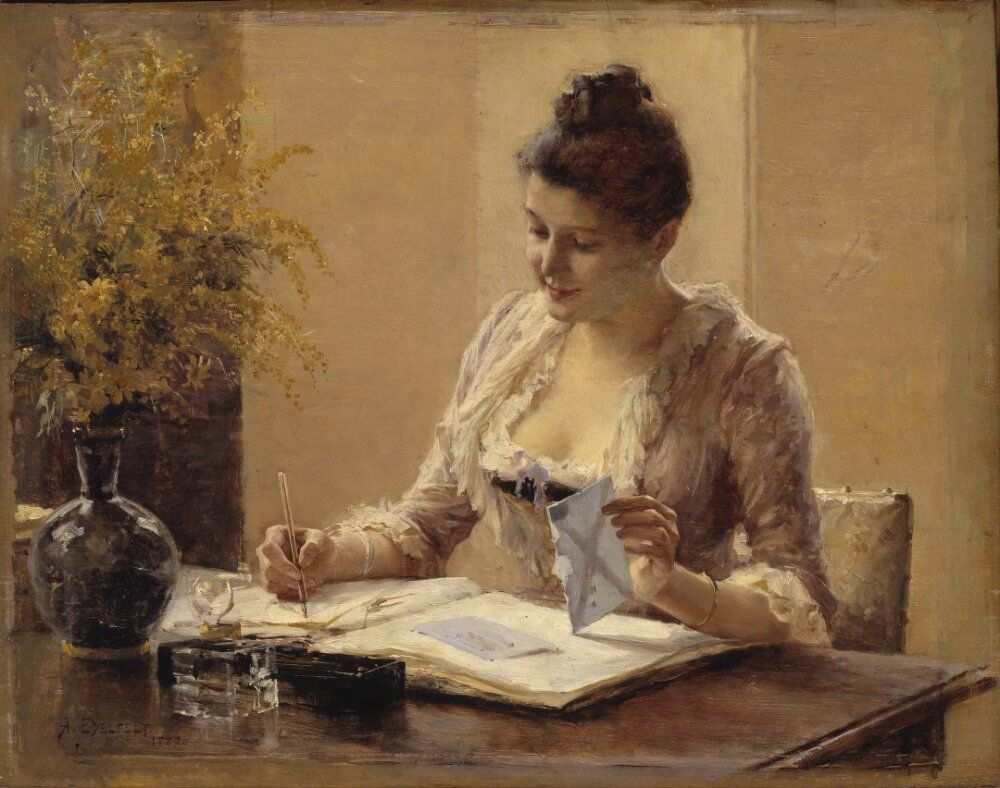 A painting depicting a woman writing a letter