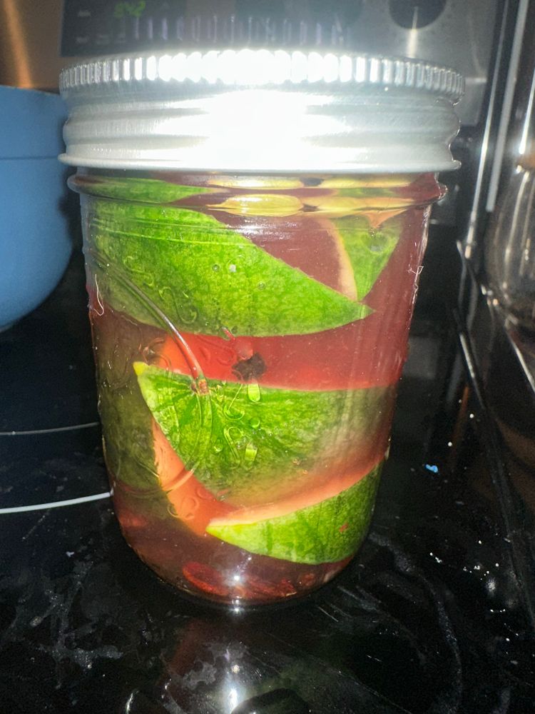 Slices of watermelon in a canning jar in brine 