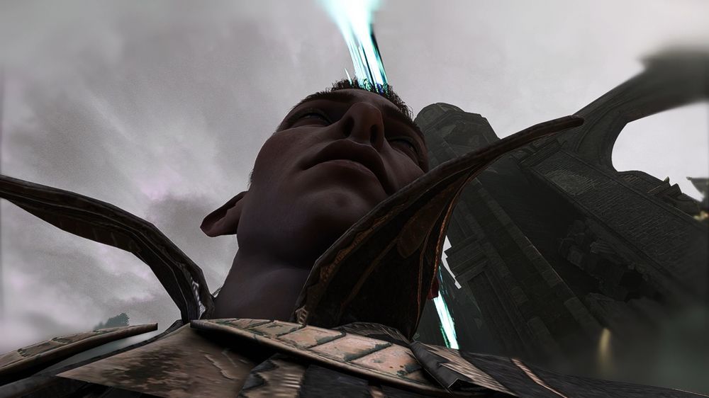 an upward view of solas from dragon age veilguard with his eyes closed

pov you are a lavellan if you're into that. 

@zamonolith.bsky.social