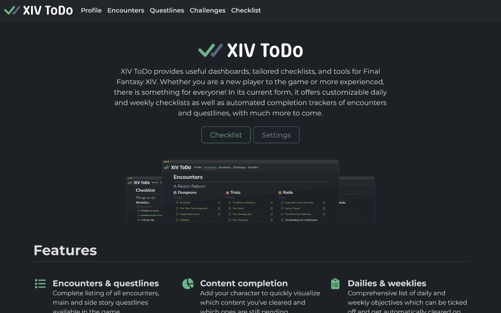 Screenshot of the homepage of XIV ToDo, showcasing its features
