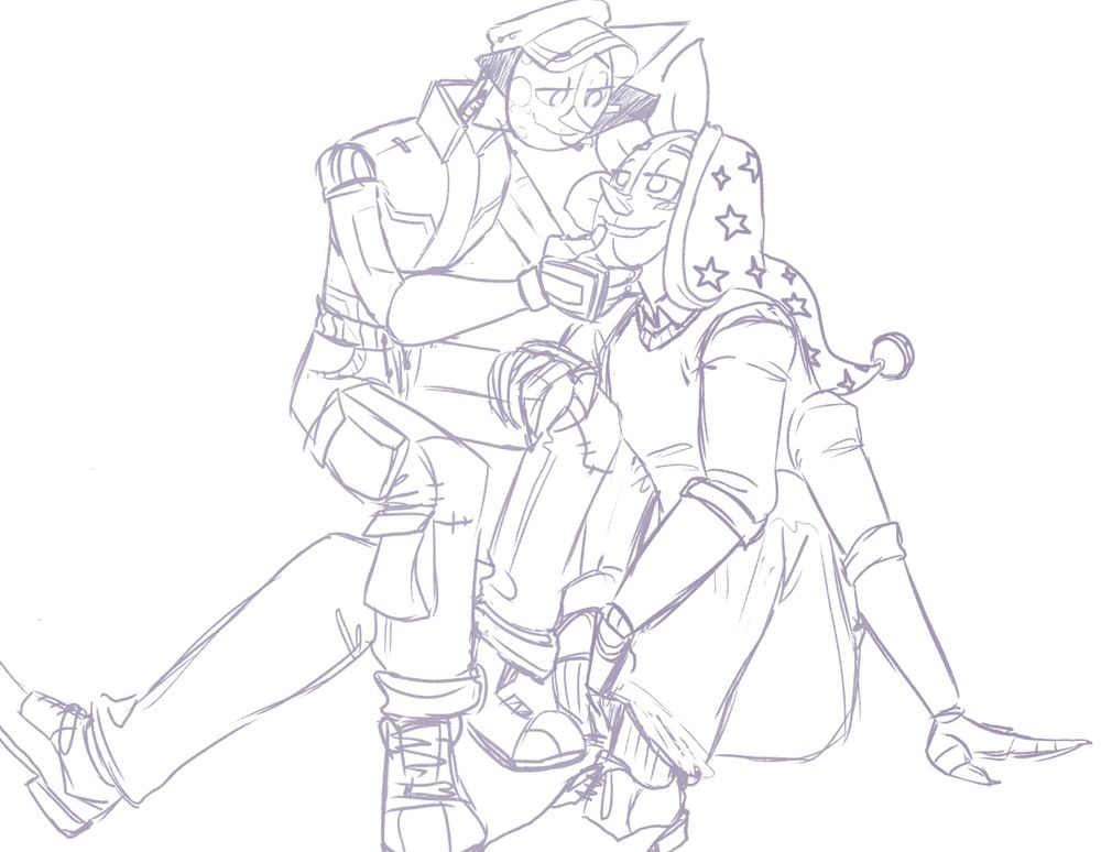 Daybreak and Daddy Eclipse are sitting with each other, both focused on the other with smiling and relaxed expressions. DE is seated in a relaxed way on the floor, his lower arms resting on the bend of his outstretched legs in front of him, his upper left arm braced against the floor to support his torso and the last rests a hand just above DB's knee. DB is seated on a bench beside DE with their legs overlapping the others casually, DE is leaning over to be closer to DE as he use his index and thumb to tilt DE's face up to his by the chin. DE is looking at DB's eyes, DB is focused on where his thumb touches DE's lip.