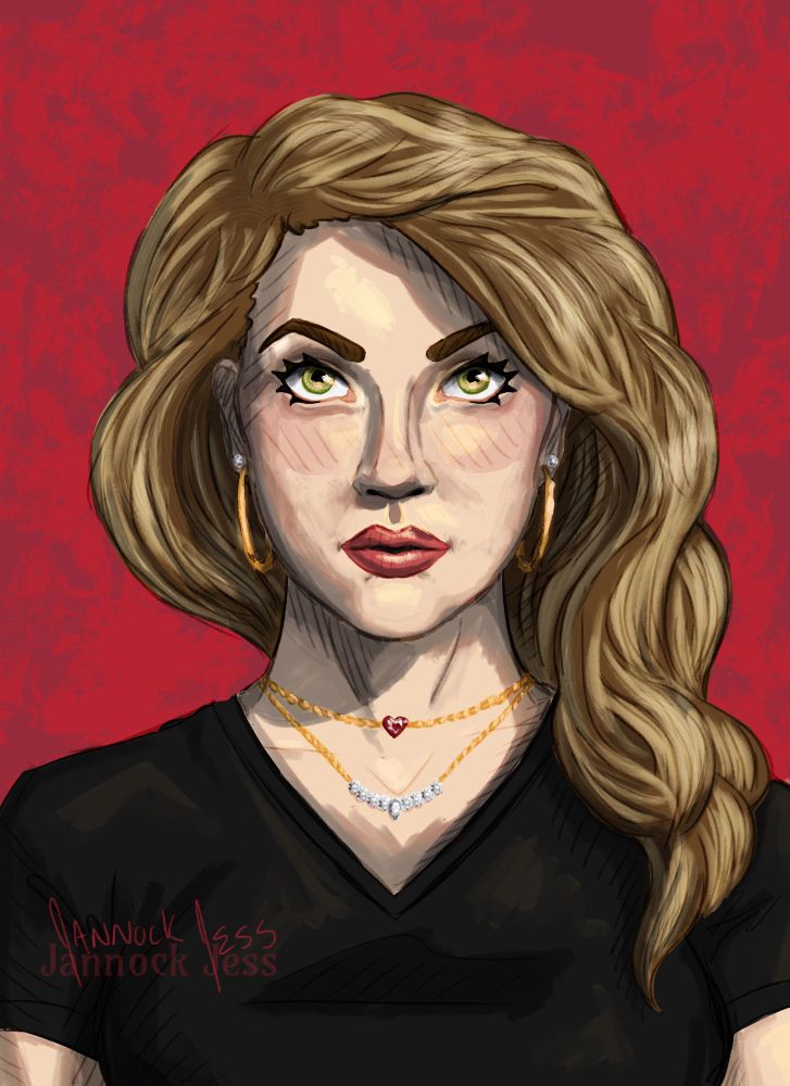 A digital drawing of an attractive young woman with pale skin, an oblong face, and thick, dirty blonde hair flowing over one shoulder. She has hazel eyes, bold, arched eyebrows, and dark pink lips. She's wearing a black, form fitting t-shirt, two understated gold necklaces - one with a ruby heart and another with a line of small diamonds, gold hoops and small diamond studs. She is gazing directly at the camera. Behind her is a textured, bright red background. The piece is signed Jannock Jess. 