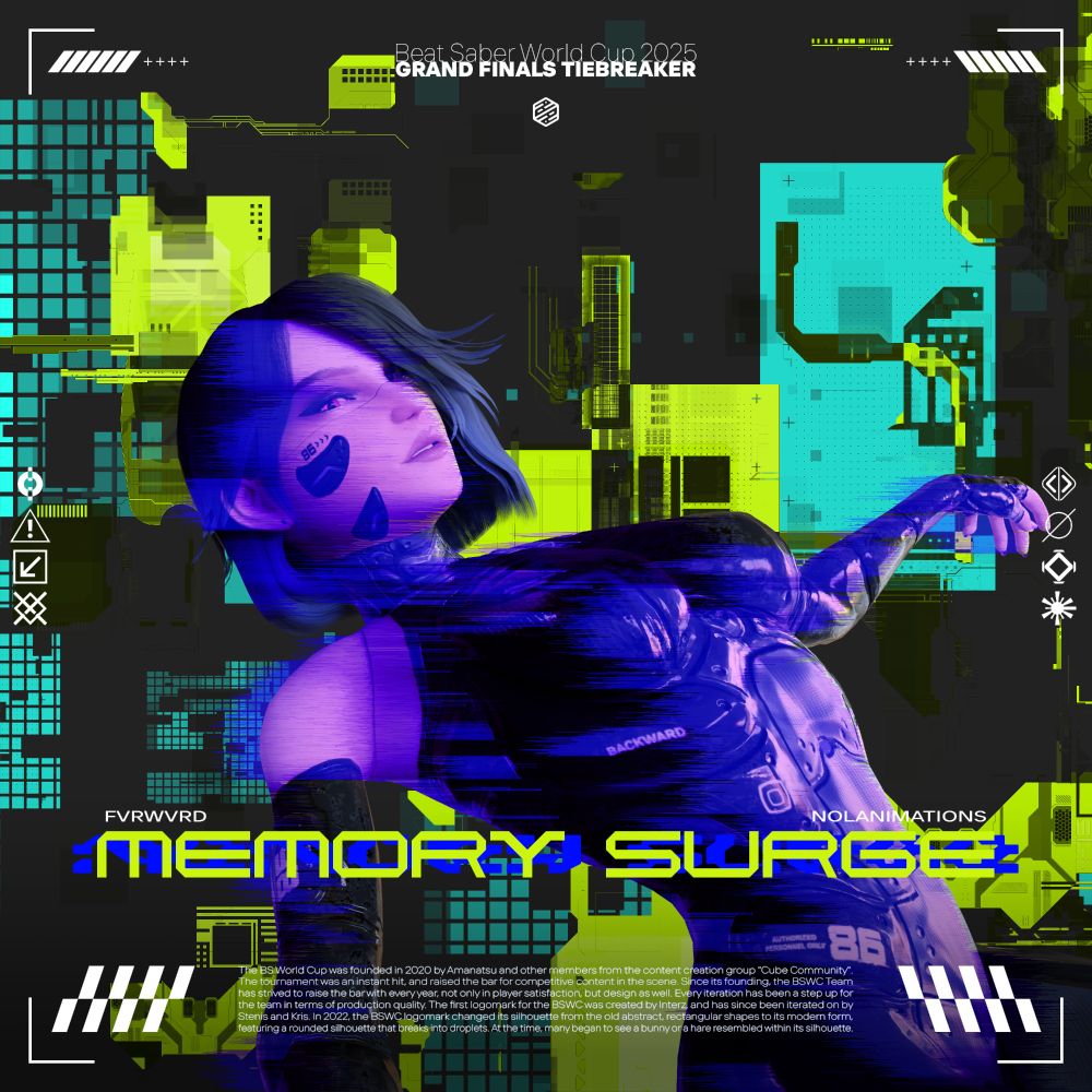 Cover art for MEMORY SURGE by FVRWVRD and Nolanimations. It features a woman in purple, leaning back looking at the viewer. Minimalistic high-contrast design.