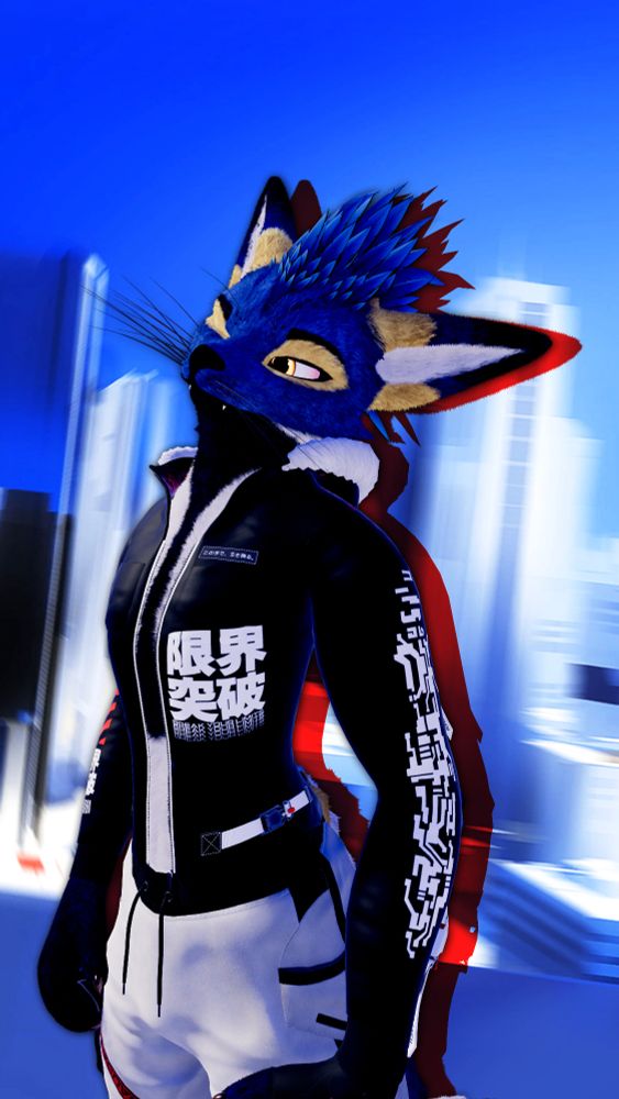 VRChat picture of a maned wolf (Rex base), head tilted, one eye closed. Wearing a jacket that says "限界突破" and "BREAK YOUR LIMITS", and with Faith's arm tattoo on the left arm. The background is early concept art for Mirror's Edge (2008).