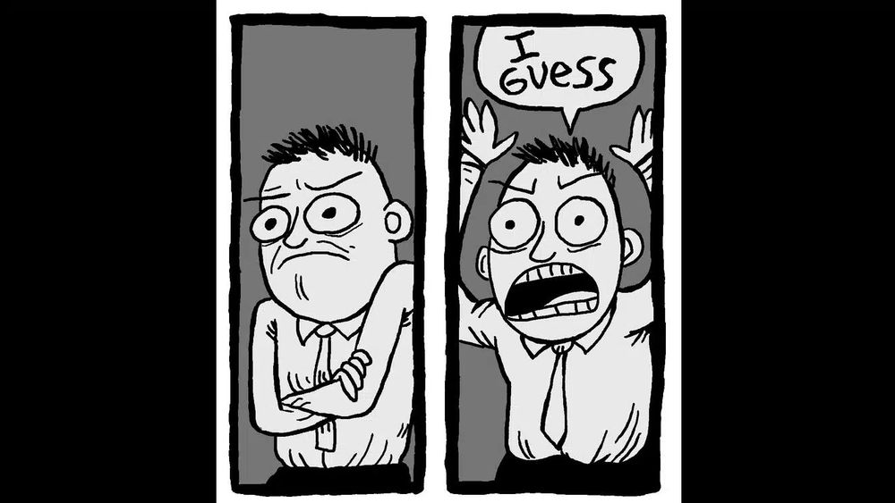 Black and white illustration where a reluctant person has their arms crossed, pouting, followed by a second panel of them throwing their arms up in the air and exclaiming "I GUESS"
