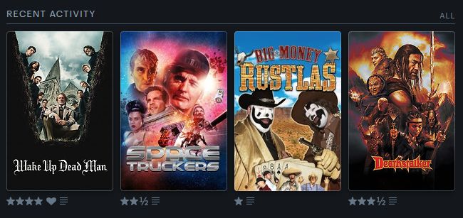 Recent Activity:

Wake Up Dead Man: 4 / 5 + heart
Space Truckers: 2.5 / 5
Big Money Rustlas: 1 / 5
Deathstalker (2025): 3.5 / 5