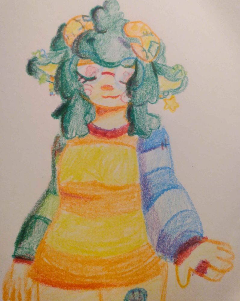 A crayon drawing of Jules's stream persona, a sheep person with green hair, in a colorful striped sweater. They have glasses and a plethora of earrings.