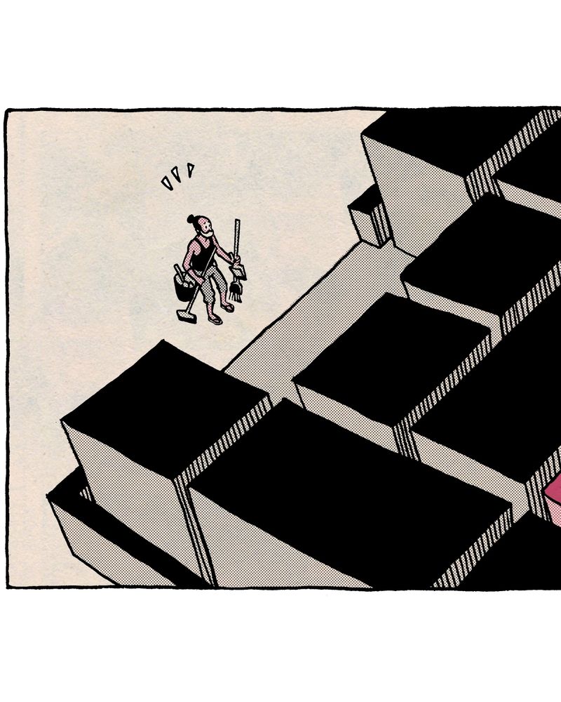 Vista do alto, o cara menorzinho, assustado com a encrenca pela frente: peças gigantes do jogo klotski.