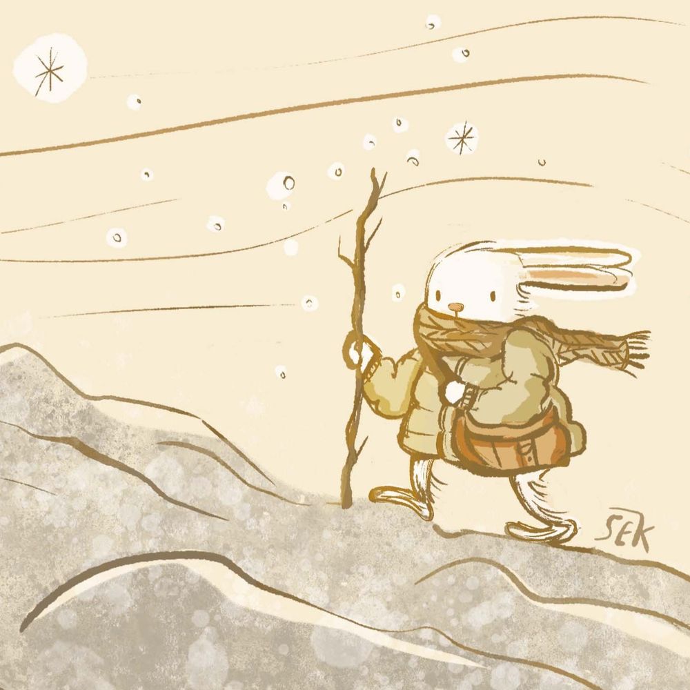 Drawing of a rabbit in a coat and scarf hiking up a rocky landscape as snow starts to fall.