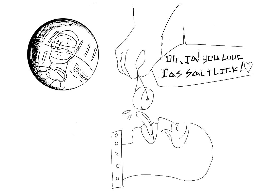a low effort magma board doodle, to the left there is a very happy and contently grinning spy head in a badly drawn hamster ball that says "lil critters tm" on it. to the right, there is a doodle of medic's glove holding and hanging a saltlick wheel on a string, while spy head lies back facing up to lick it with an extended tongue. his eyes are closed in contentment and he has a cheeky, peaceful smile. he is in heaven. medic's speechbubble is saying "oh, ja! you love das saltlick!❤️"