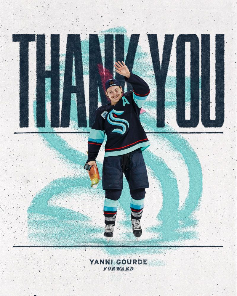A thank you graphic to Yanni Gourde after being traded, featuring a picture of Gourde.