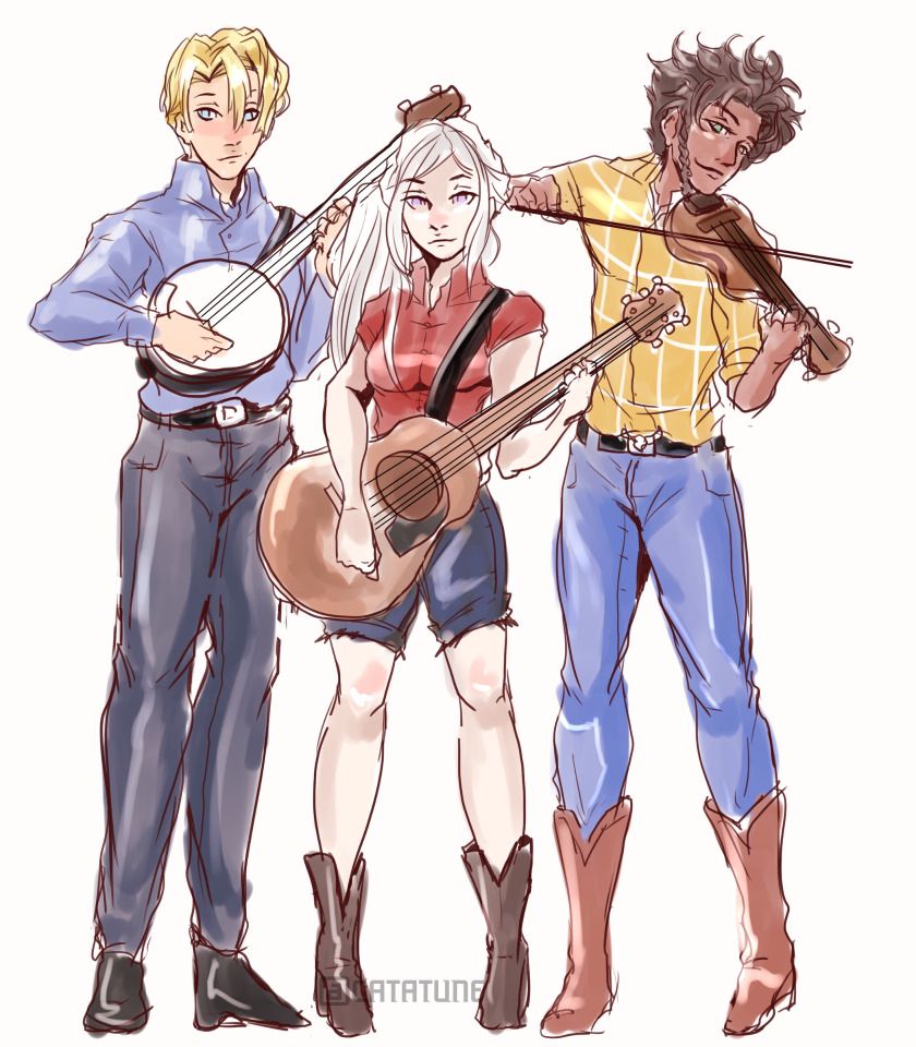Art of pre-timeskip Dimitri, Edelgard, and Claude from Fire Emblem Three Houses dressed in rural America outfits. Dimitri is playing a banjo, Edelgard a guitar, and Claude a fiddle.