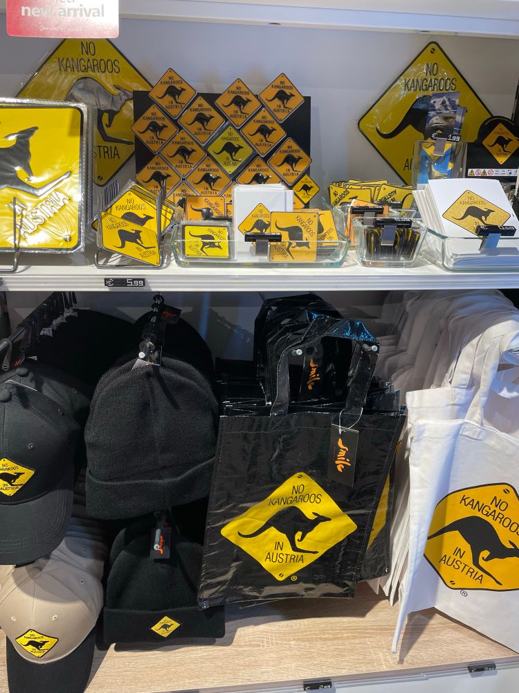 Merch with a picture of a kangaroo and “no kangaroos in Austria”