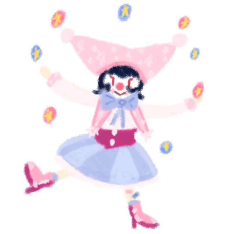 A cute digital crayon doodle of a chibi clown character striking a pose with one leg out as she juggles.