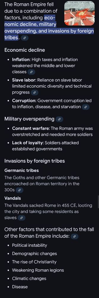 Screenshot of Google result for causes of the fall of the Roman Empire
