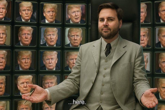 AI-generated remix of a still from 'The Matrix Reloaded' (2003), where originally 'The Architect' character was in front of many TV screens showing Neo variants – but now 'The Architect' resembles JD Vance and all screens are showing variants of Donald Trump.