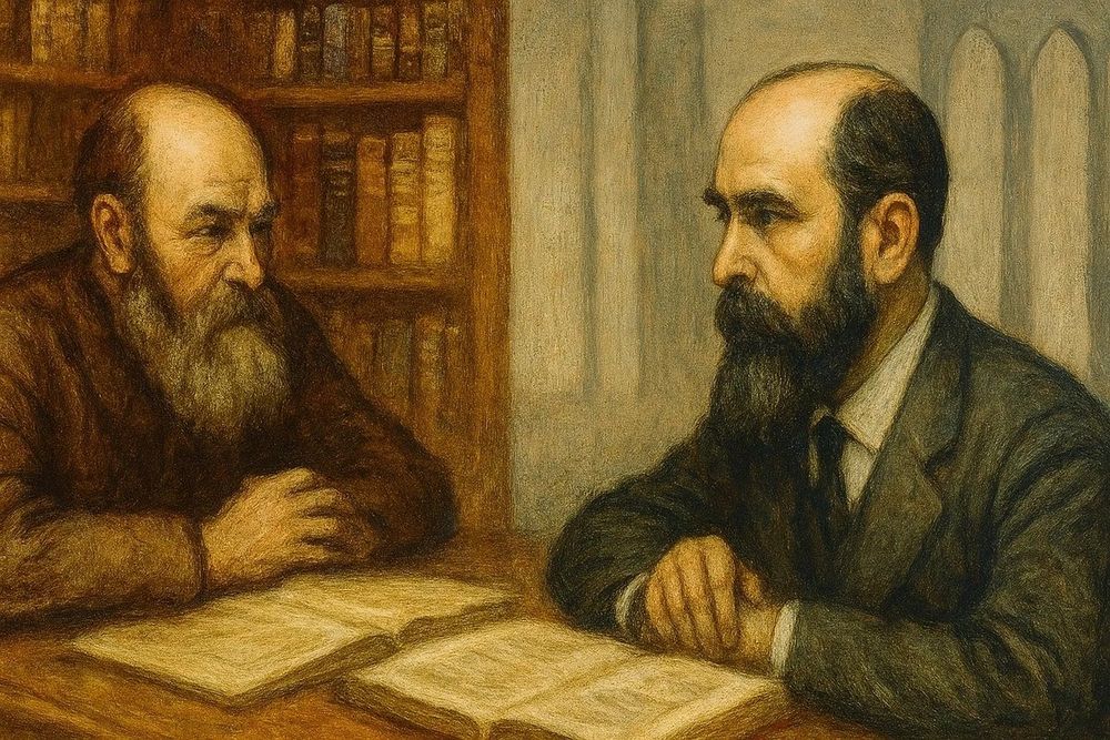AI-rendered painting of Fedorov & George, with open books, sitting across a table in front of a bookshelf