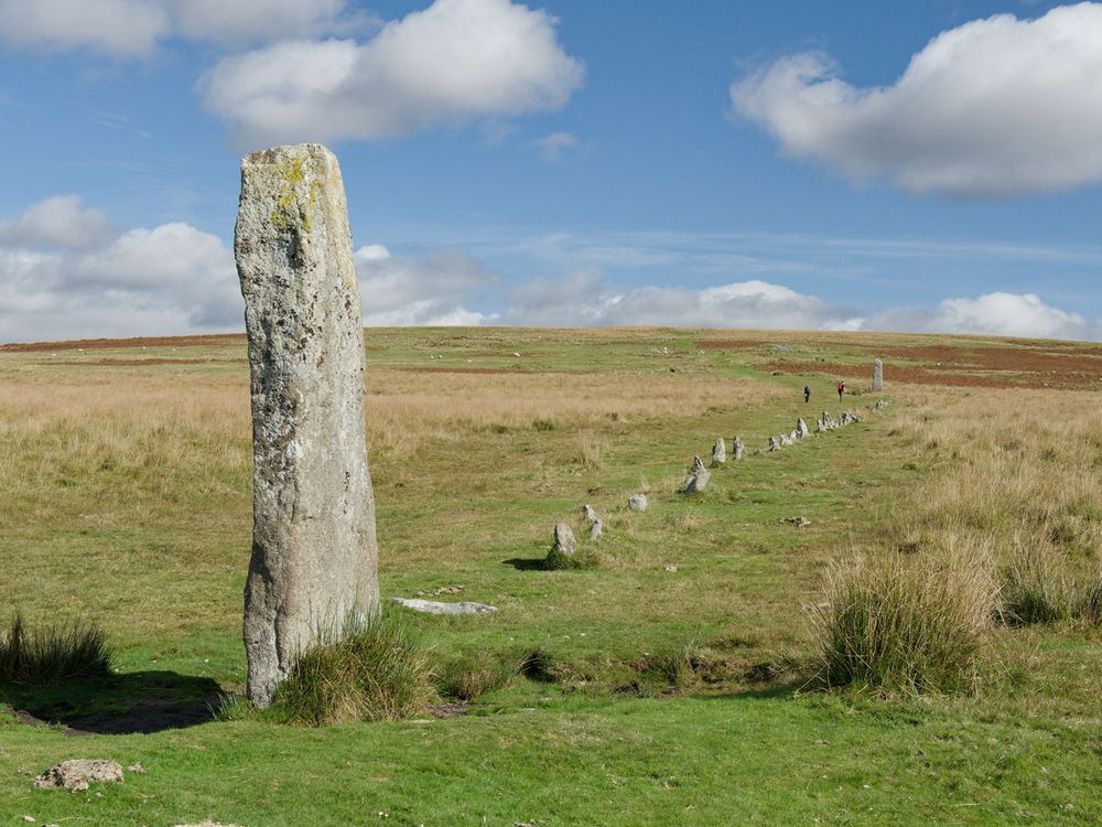Photo of an ancient stone row at Drizzlecombe, Dartmoor