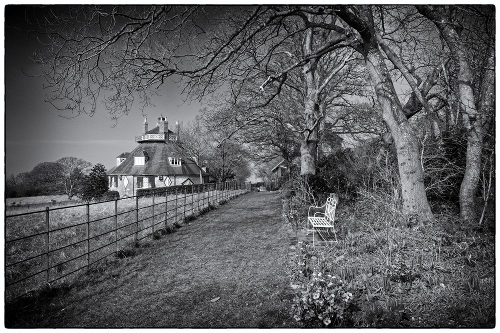 photo of A la Ronde building in black and white