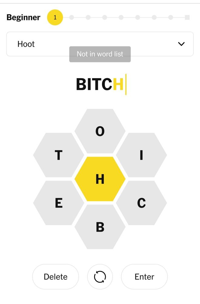 Screenshot of spelling bee nytimes game telling me that bitch isn't in their word list
