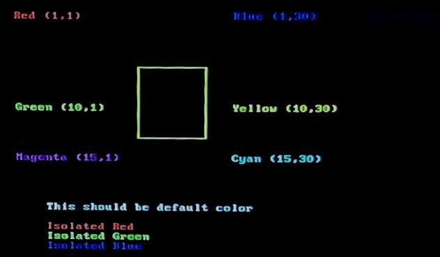 A screenshot of an HDMI display showing text in an IBM Code Page 437 font in multiple places on the screen in different colors having used CircuitPython on Raspberry Pi microcontrollers