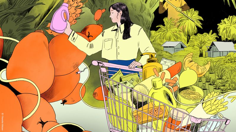 Illustration einer Frau mit einem Einkaufswagen voller Produkte wie Lebensmittel, Nudeln und Reinigungsmittel. Im Hintergrund sind Ölpalmen und Hütten zu sehen. Das Bild symbolisiert die Verbindung zwischen alltäglichen Konsumgütern und der globalen Palmölproduktion.