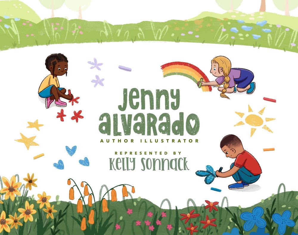 Illustration of 3 kids making chalk art. There are bushes and flowers in the foreground as well as the background with white space in the middles where the children are drawing. 