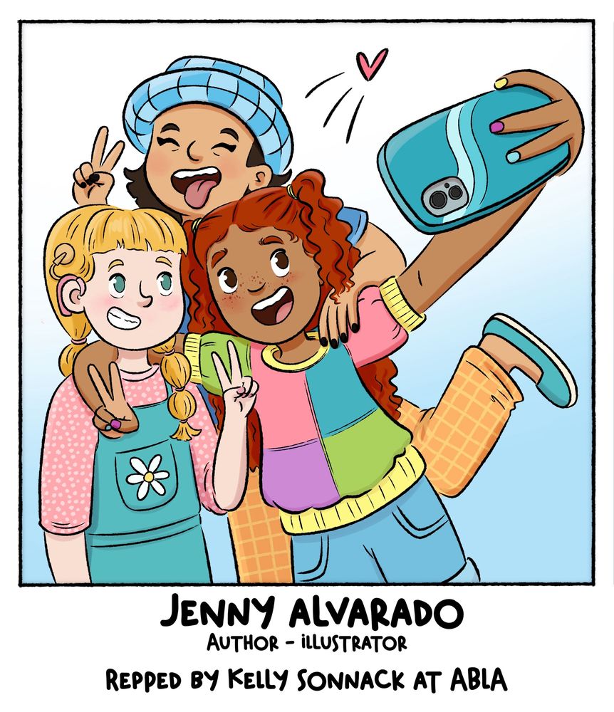 Graphic novel style illustration of three friends taking a selfie on a cell phone with a teal cover. Friend on the left is blonde with fair skin, and is wearing a cochlear implant. Friend on the right has brown skin and long red curly hair. She is the one holding the phone for the photo. The friend in the back is jumping and sticking out their tongue. They have light tan skin and is wearing a bucket hat over short black hair. All three friends are doing piece signs with their hands. 