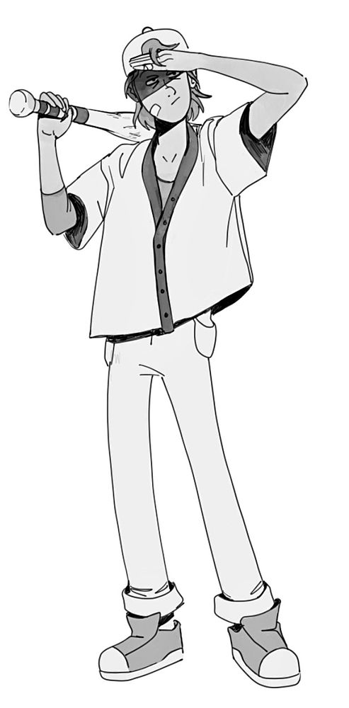 A stylized cartoon sketch of an early 20s character in a baseball jersey and backwards cap holding a bat 