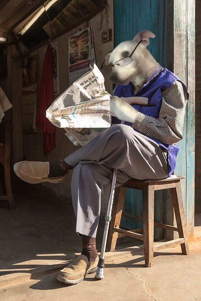 A totally normal picture of a dog reading a newspaper. 