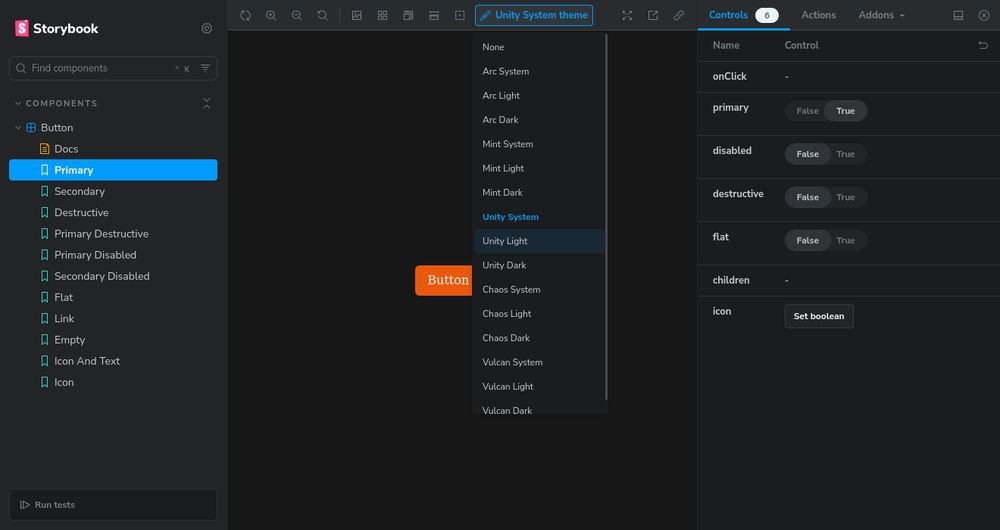 A screenshot of Storybook. There are several more stories for the Button component, all the example ones are gone, the control panel is on the right side now, and there is a big theme picker drop down covering half the button, which is now centered in an area with a dark background color.

The Button stories include: a Docs page, Primary (selected), Secondary, Destructive, Primary Destructive, Primary Disabled, Secondary Disabled, Flat, Link, Empty, Icon And Text, and Icon.