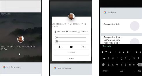 A set of three screenshots of the Fuchsia Armadillo shell. The one on the left is much like the last one, but in portrait mode; only one "story" or app is shown, and only the day of the week, time, location, battery icon, and profile picture are shown.
The middle screenshot shows an expanded card, with the profile picture moved to the top with the weekday, time, and location still below it. The battery icon moves to the side to make room for the battery percentage and time left, WiFi information, and mobile network information. Below these are two sliders, one for volume and one for brightness, then a row of three buttons: airplane mode, do not disturb, and auto-rotate; and two long buttons labeled Log Out and More. The search bar is still there.
The third screenshot shows the search screen expanded, with two "suggestions" shown under a search query, and a very basic on-screen keyboard.