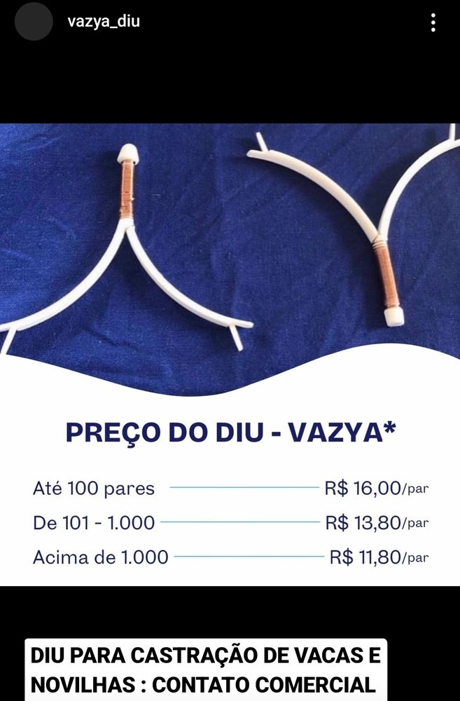 Print de post no Instagram com valor do diu de vaca.
Ate 100 pares 16 reais o par
Até 1000 13.80
Acima de 1000 11.80