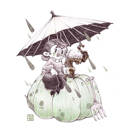 A character, sitting on a giant pumpkin, under an umbrella. They are smiling at a snoozing gnocchi-shaped woodlouse larva.