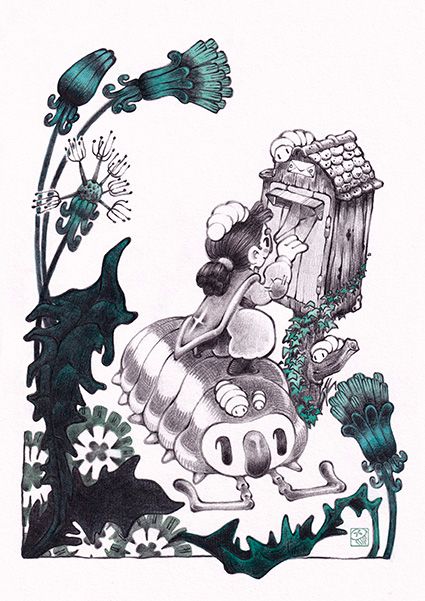 A character, standing on the back of a giant woodlouse, is posting a letter in an old wooden letterbox.