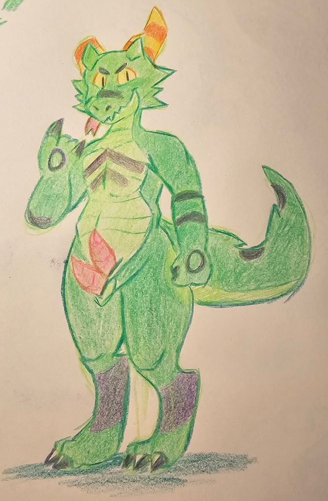 Green Kobold with yellow and orange striped horns and black markings. He has 2 penises sticking out